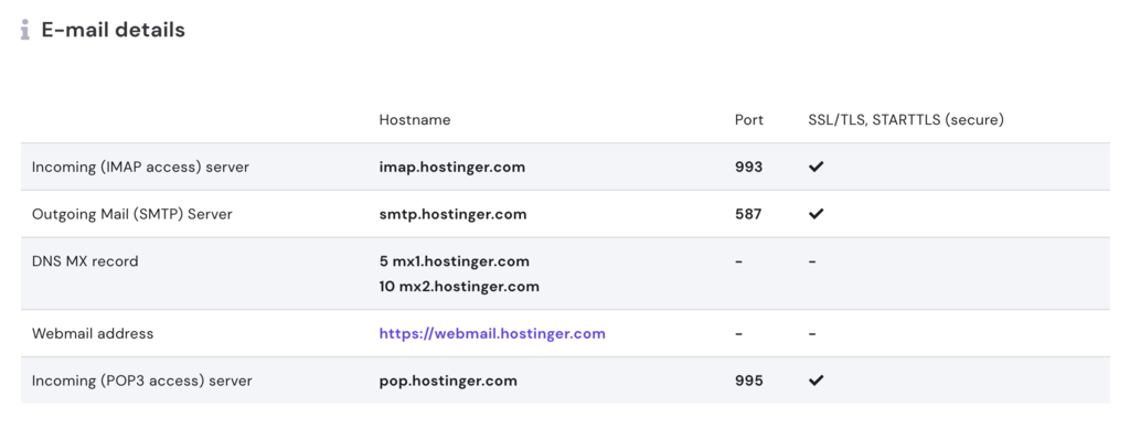 thông tin cấu hình imap smtp email hostinger